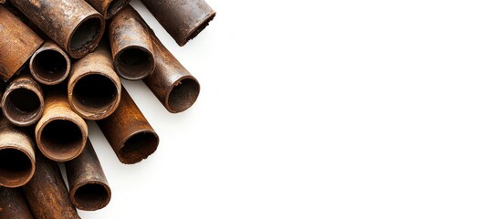Top view of cut old pipes on a white background copy space