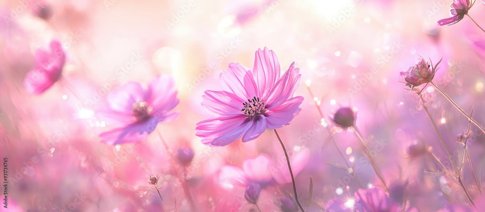 Poster pink cosmos flower in a field of cosmos creating a romantic dreamy color mood in a natural backdrop 