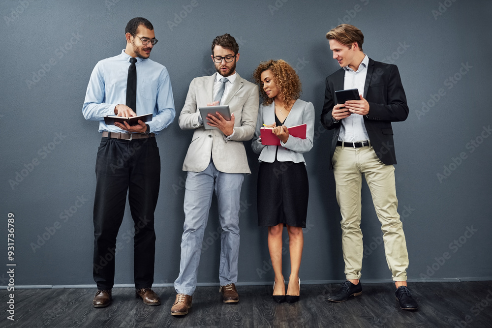 Poster recruitment, tablet and row with people for work opportunity, wait and paperless interview on laptop