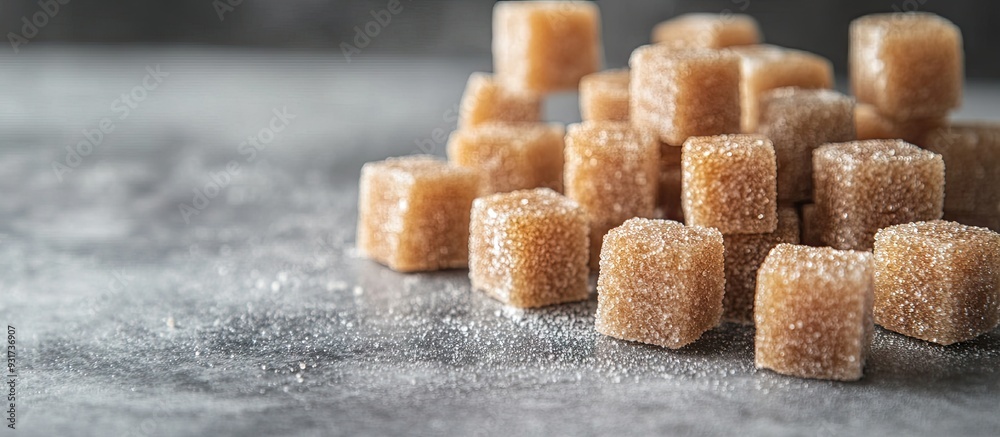 Poster Close up of brown sugar cubes on a grey table. with copy space image. Place for adding text or design