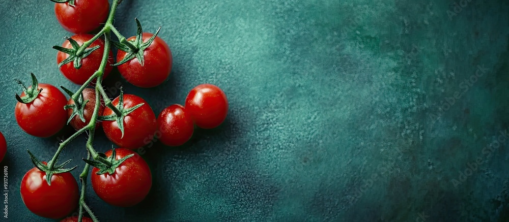 Leinwandbilder fresh cherry tomatoes on a twig top view on the table copyspace available for text