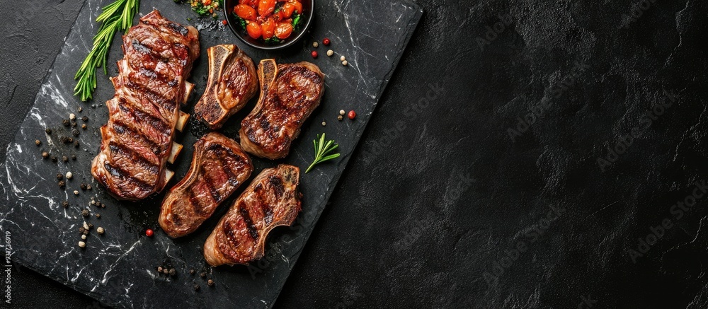 Poster Grilled lamb loin chops steaks and cutlets arranged on a marble board Black background Top view. with copy space image. Place for adding text or design