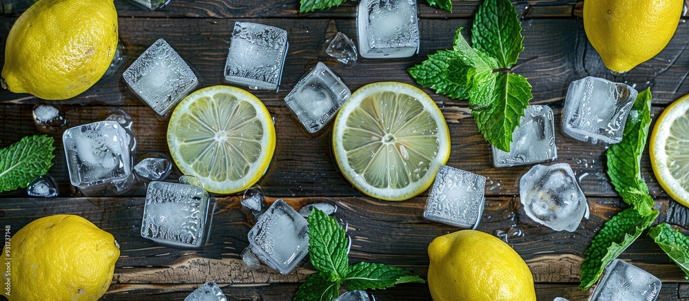 Leinwandbilder fresh lemons mint leaves and ice cubes placed on a wooden surface. with copy space image. place for 