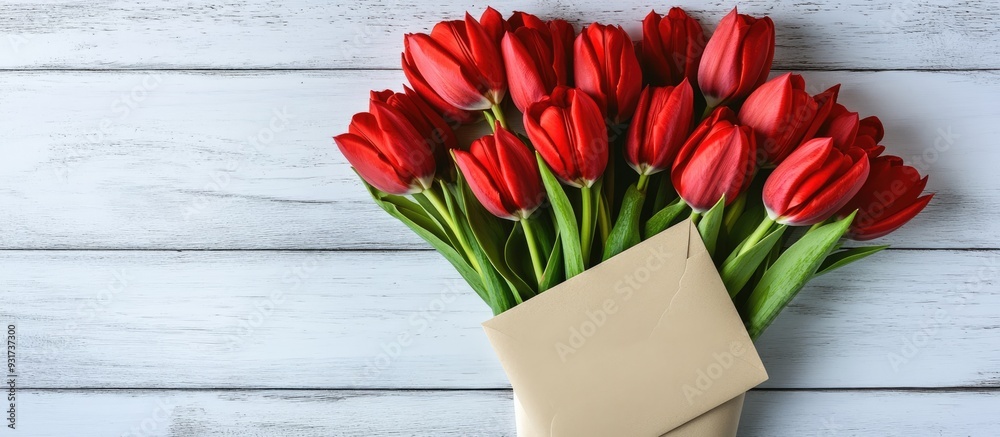 Aufkleber Spring bouquet of red tulips and a card inside an envelope on a white wooden surface with copyspace Top view shown with space available for a signature