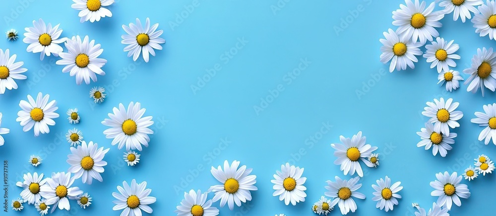 Poster the sun consists of daisies with camomiles set against a blue background. with copy space image. pla