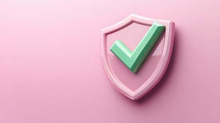 
cartoon 3d Icon safety shield green check mark perspective . pink symbol security safety icon. Green Checkmark in minimalistic style. 3d vector illustration. white background