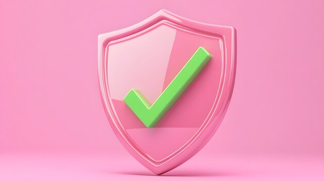
cartoon 3d Icon safety shield green check mark perspective . pink symbol security safety icon. Green Checkmark in minimalistic style. 3d vector illustration. white background