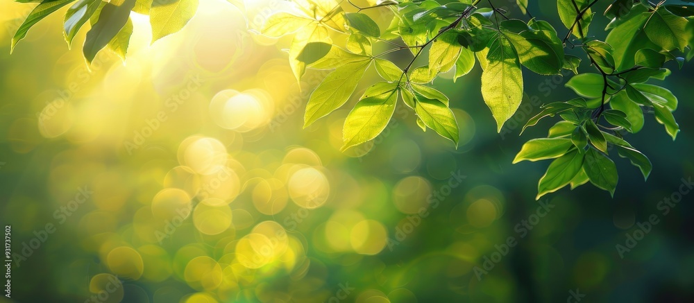 Poster Background featuring abstract blurred foliage and bright summer sunlight suitable for your text or advertisement. with copy space image. Place for adding text or design