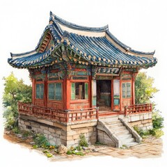 Watercolor Painting of a Traditional Korean Pavilion