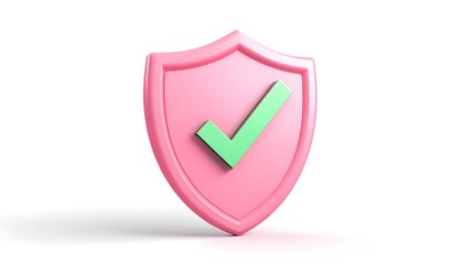 
cartoon 3d Icon safety shield green check mark perspective . pink symbol security safety icon. Green Checkmark in minimalistic style. 3d vector illustration. white background