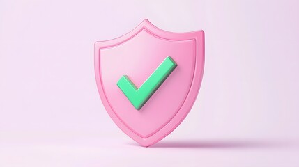 
cartoon 3d Icon safety shield green check mark perspective . pink symbol security safety icon. Green Checkmark in minimalistic style. 3d vector illustration. white background