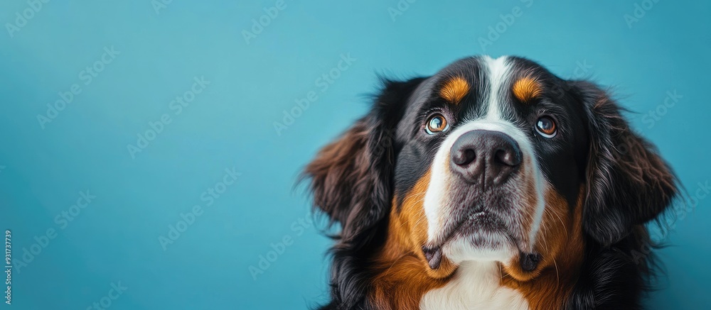Poster selective focus vertical portrait of a beautiful yellow bernese mountain dog mixed with a pyrenean m