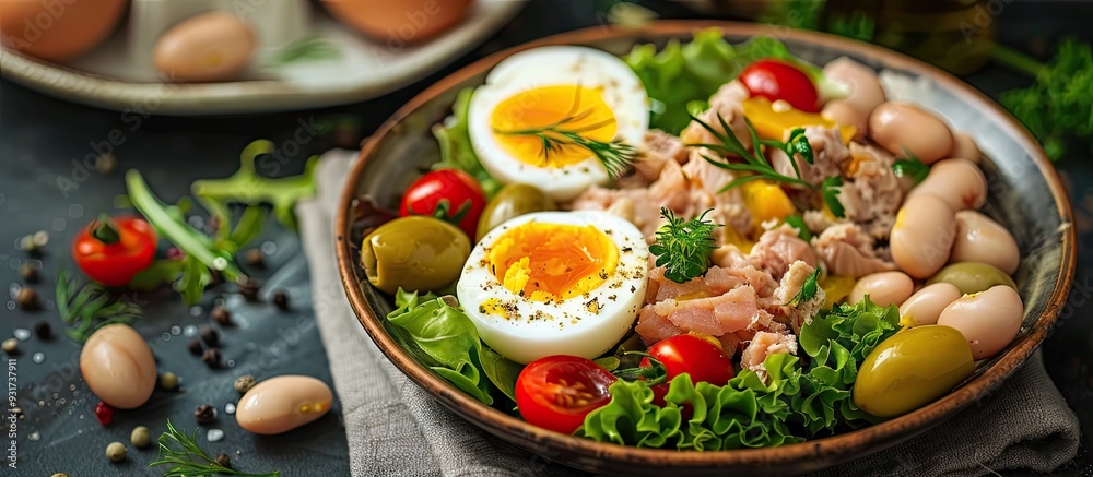 Poster tuna salad featuring white beans tomatoes boiled eggs and black olives on plates against a light sla