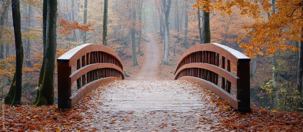 Poster pedestrian bridge along a path in an autumn forest natural backdrop with copyspace for text or lette