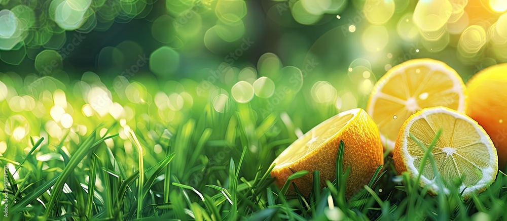 Fototapete fresh lemon on green grass. with copy space image. place for adding text or design