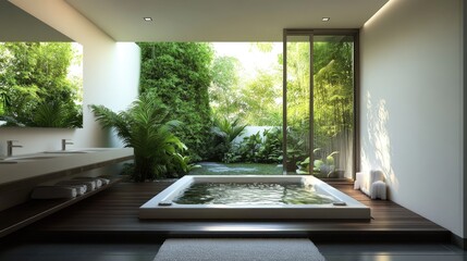 Fototapeta premium A clean, modern bathroom with a sunken tub overlooking a private, zen-like outdoor space, ideal for a calming bath.