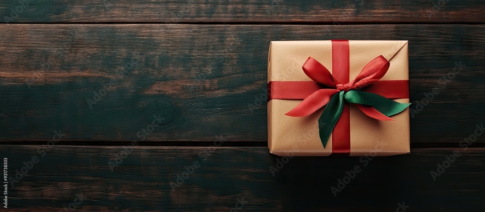 Poster paper gift box tied with a colored ribbon on a dark wood surface top view with copy space for a chri