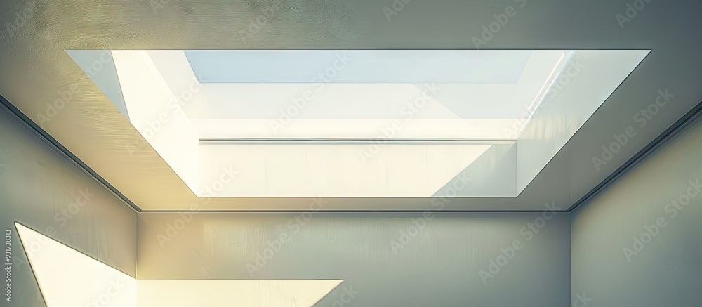 Poster Light Emitting White Ceiling Skylight Reflected light and dark open spaces between the panels featuring geometric patterns. with copy space image. Place for adding text or design