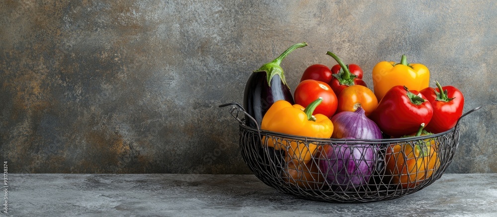 Leinwandbilder harvest of ripe peppers tomatoes eggplants and onions in a metal basket on a stone table. with copy 