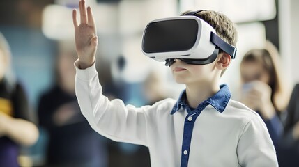 Young boy experiencing virtual reality with VR headset in a classroom setting.