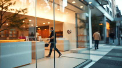 Obraz premium Blurred Cityscape with Man Walking Through Glass Doorway