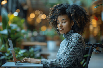 Woman With Curly Hair Working On Laptop In Cozy Indoor Setting With Plants And Warm Lighting