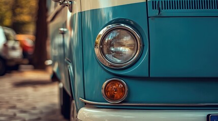 A close-up of a vintage van front, showcasing its iconic round headlights and chrome details.