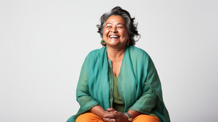middle aged indian woman laughing on white background