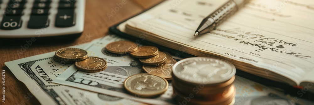 Fototapete a stack of cash and coins lies next to an open notebook filled with detailed notes and calculations,