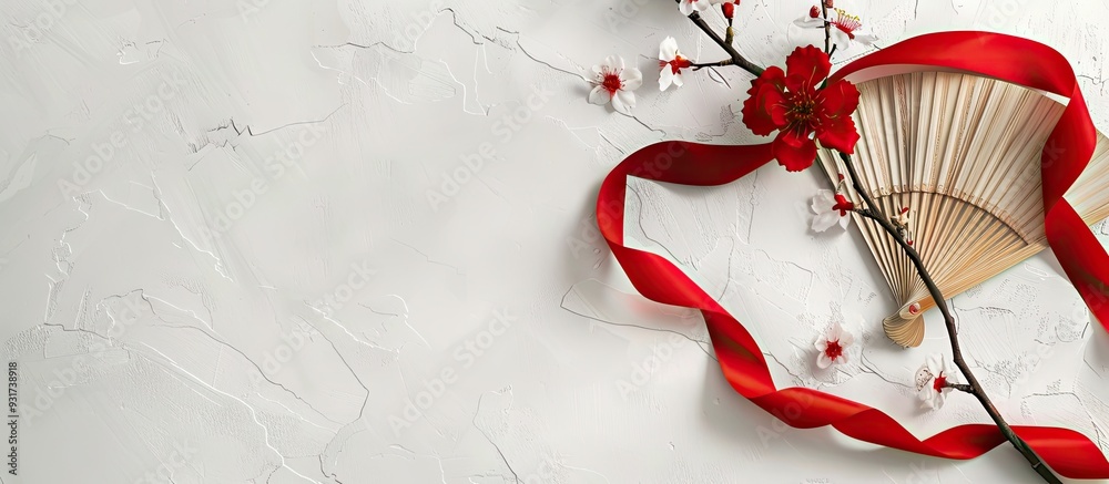 Poster minimalistic card mockup featuring a cherry branch flower red ribbon blossom flat lay top view and a