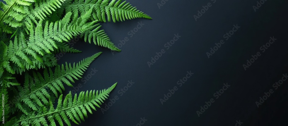 Poster Beautiful green fern on a dark background flowers and plants. with copy space image. Place for adding text or design