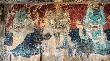 Obraz premium A close-up of the ancient frescoes on Lion Rock, showcasing the intricate artwork and vibrant colors that have survived centuries.