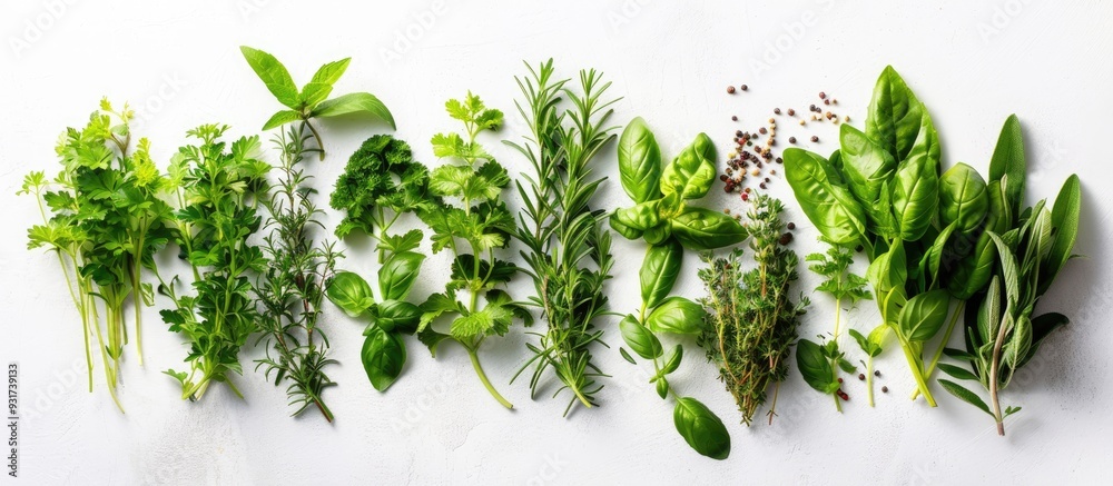 Poster Different herbs and spices on a white background from a top view with copy space