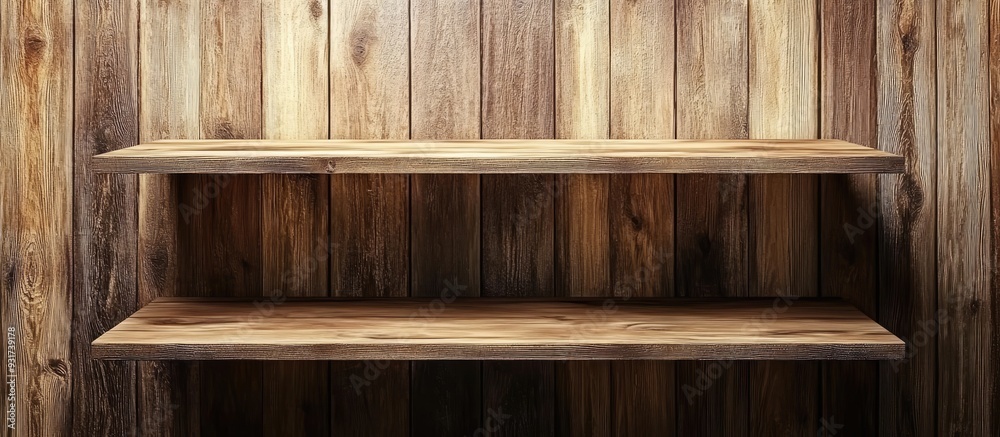Poster Empty wooden shelves against a backdrop of a wooden wall. with copy space image. Place for adding text or design