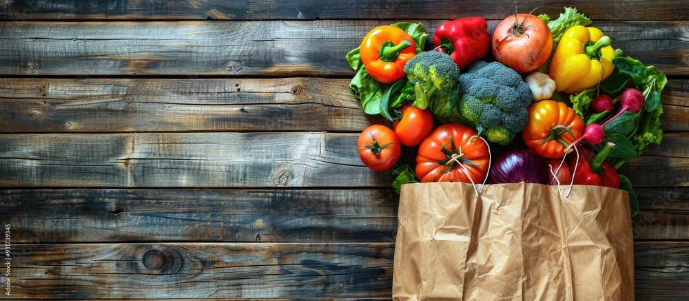 Fototapete grocery shopping idea balanced diet idea fresh produce with a shopping bag on a rustic wooden backgr