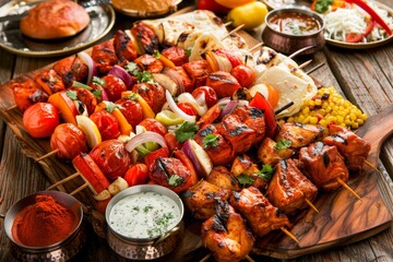 Grilled Chicken Tikka Kebabs With Vegetables On Board. Traditional Indian Dish Tikka .