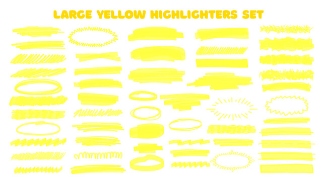 Markers large set yellow. Hightlight yellow hand drawn highlight set.Vector highlighter graphic stylish element. Marker yellow set, brush pen hand drawn underline. Highlighter collection, brush lines,