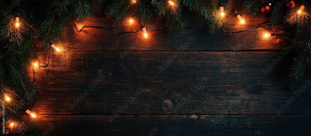 Aufkleber Overhead view of Christmas lights on a dark wooden table. with copy space image. Place for adding text or design