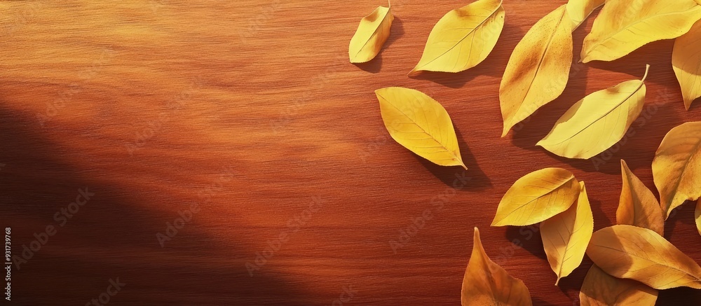 Poster Yellow leaves rest on the brown board. with copy space image. Place for adding text or design