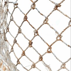 Fototapeta premium A close-up of a worn and weathered fishing net with a white background