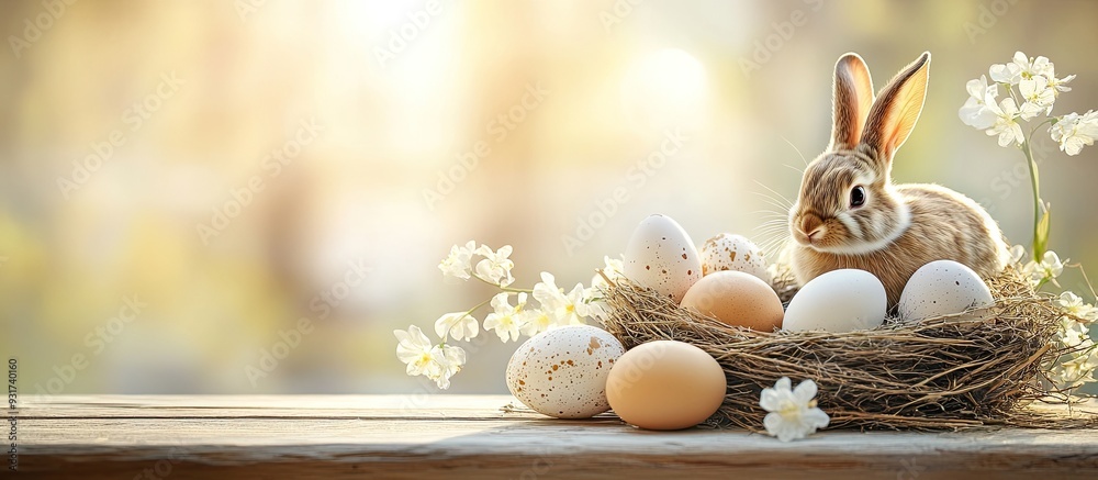 Poster easter card design featuring eggs a nest and a bunny on a wooden background with copyspace