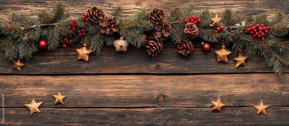 Poster Christmas decorations on a rustic wooden surface. with copy space image. Place for adding text or design