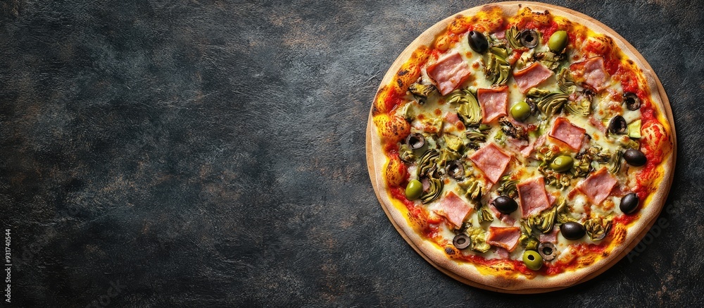 Poster artichoke pizza with ham and olives as a fast food snack or appetizer on the table featuring copyspa