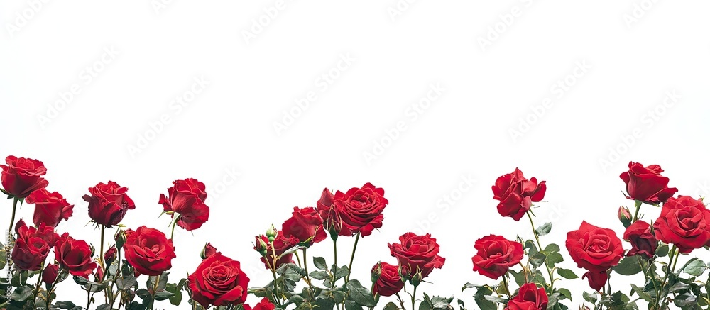 Poster stunning red roses against a white background. with copy space image. place for adding text or desig