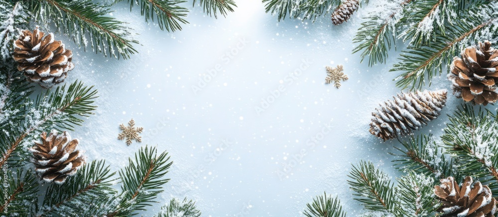 Aufkleber winter background featuring christmas pines and decorative snowflakes. with copy space image. place 