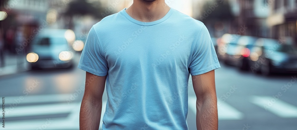 Poster close up of a young man in a light blue t shirt standing at a crosswalk. with copy space image. plac