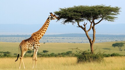 Obraz premium A giraffe reaching up to nibble on the leaves of a tall acacia tree, with the vast Savannah stretching out behind it.
