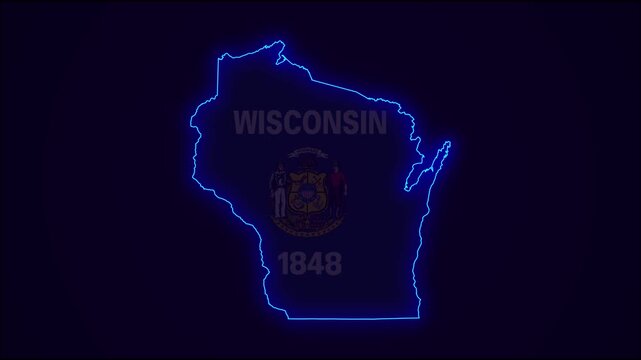 Wisconsin Map Outline Country Border on dark blue.  Neon Lights  colorful animation transition. Flag of  Wisconsin.  United States. Animation in neon style. 4k Resolution.