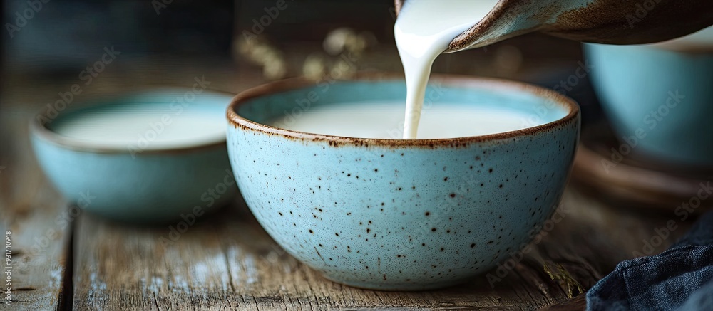 Poster pouring milk into a clay cup on a light blue wooden table with room for text. with copy space image.