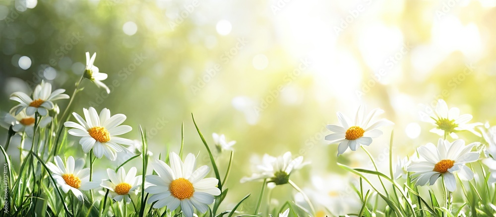 Fototapete blurred white daisy featuring yellow stamens and green grass under soft sunlight creating a textured